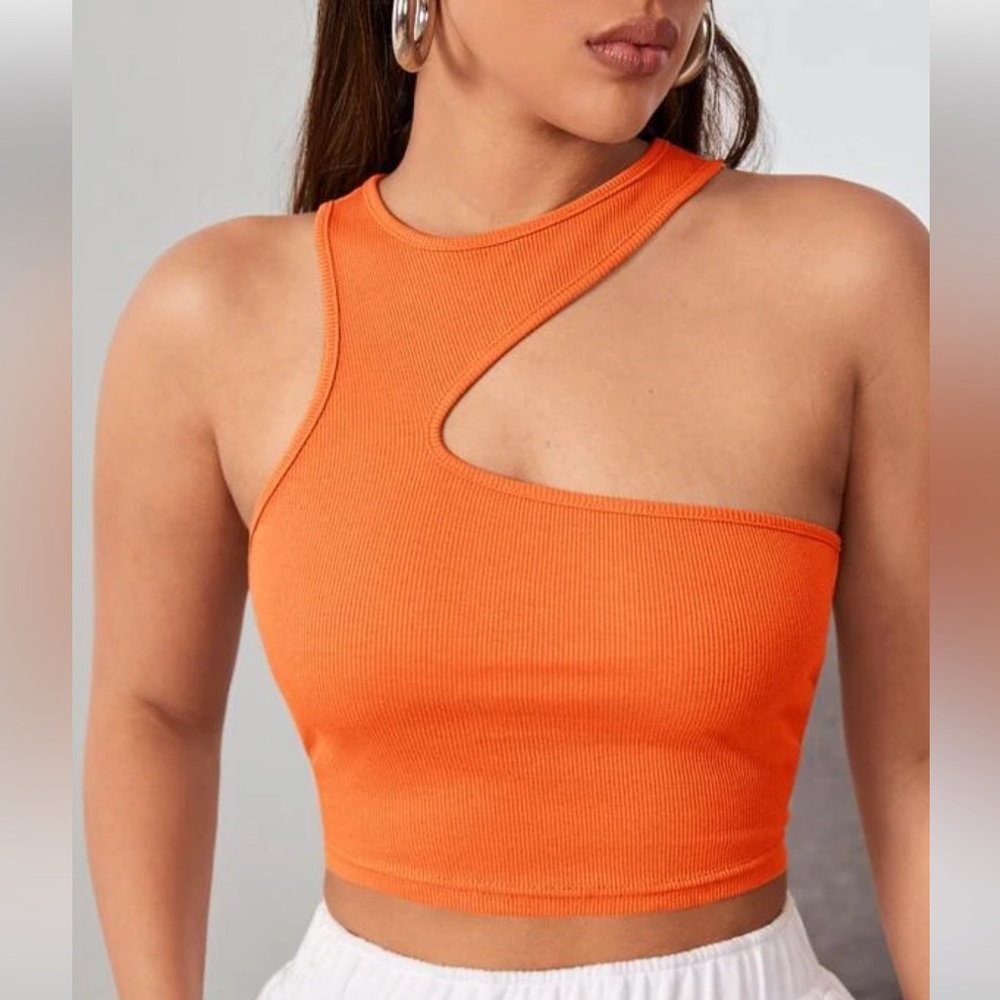 SHEIN Asymmetrical Shoulder Orange Crop Top Size Medium (6)
